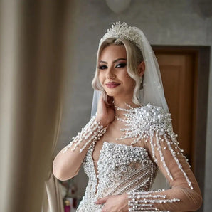 Diadema mireasă extravagantă stil rusesc, Allure, placată aur alb, zirconii cubice, cristale, perle Glamadearo