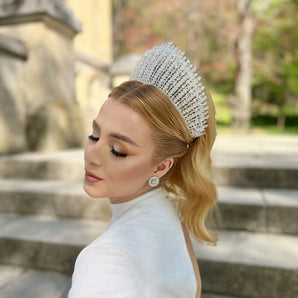 Diadema mireasă, Anastasia, premium, triplu placată aur alb, pietre prețioase, model regal - GLAMADEA