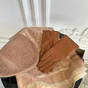 Set Isla Nude, esarfa, bereta, manusi din piele 100%, cashmere PREMIUM GLAMADEA