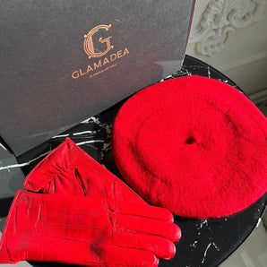 Set bereta si manusi Red, lana, manusi din piele 100% GLAMADEA